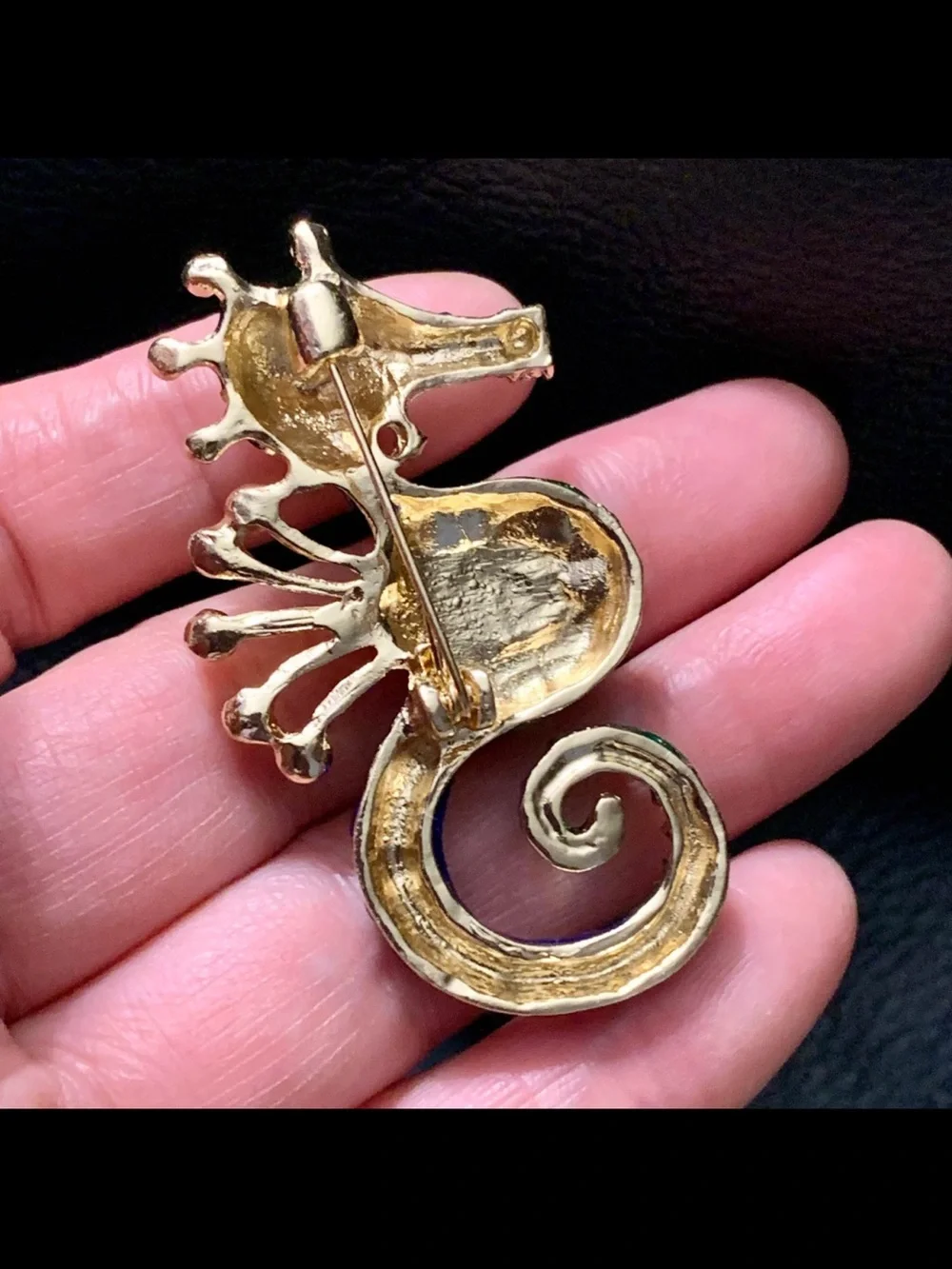 Green and Blue Seahorse Brooch with Abalone Center and Pearls